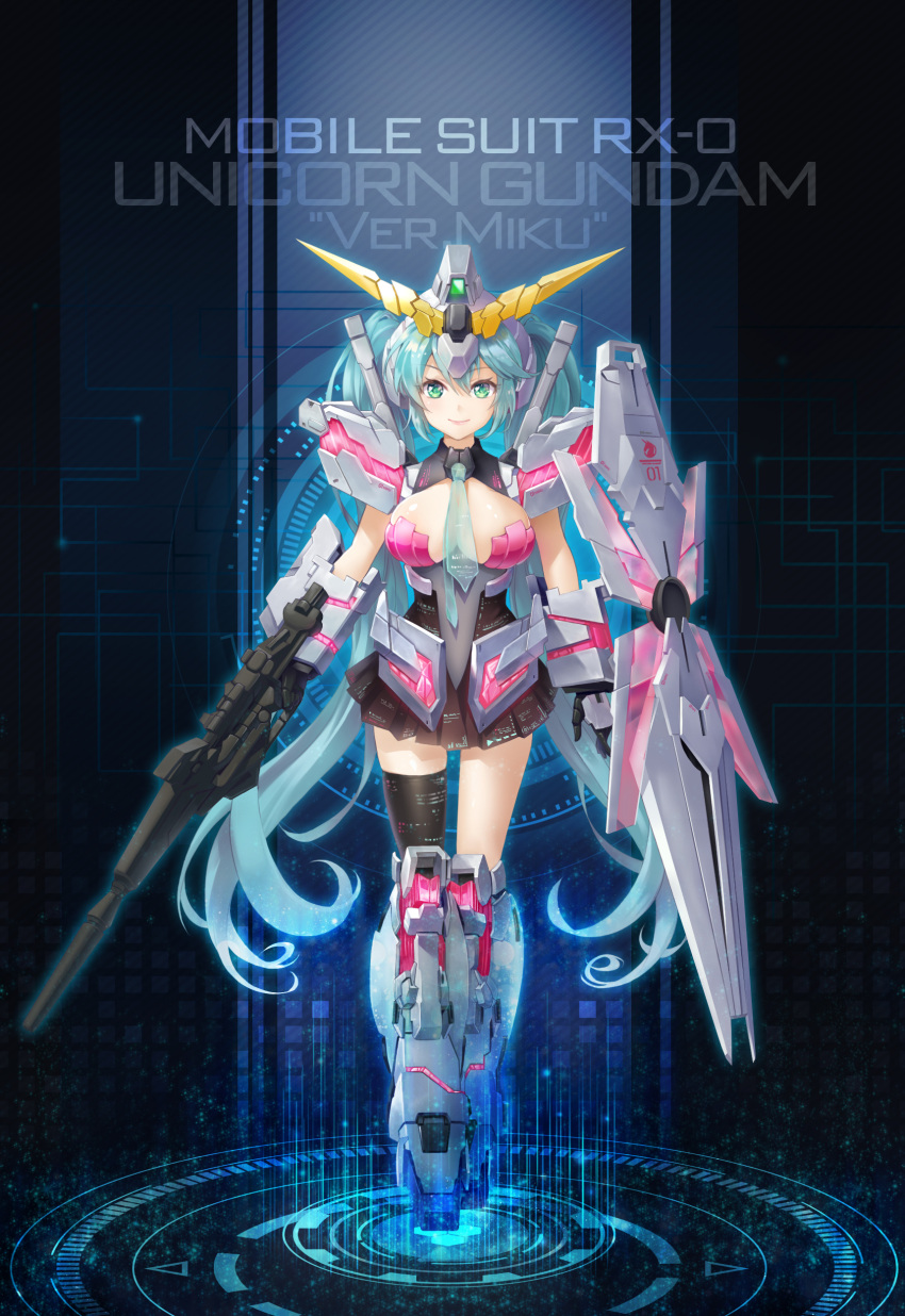 1girl, abstract_background, absurdres, alternate_costume, aqua_hair, aqua_neckwear, arm_guards, armored_boots
