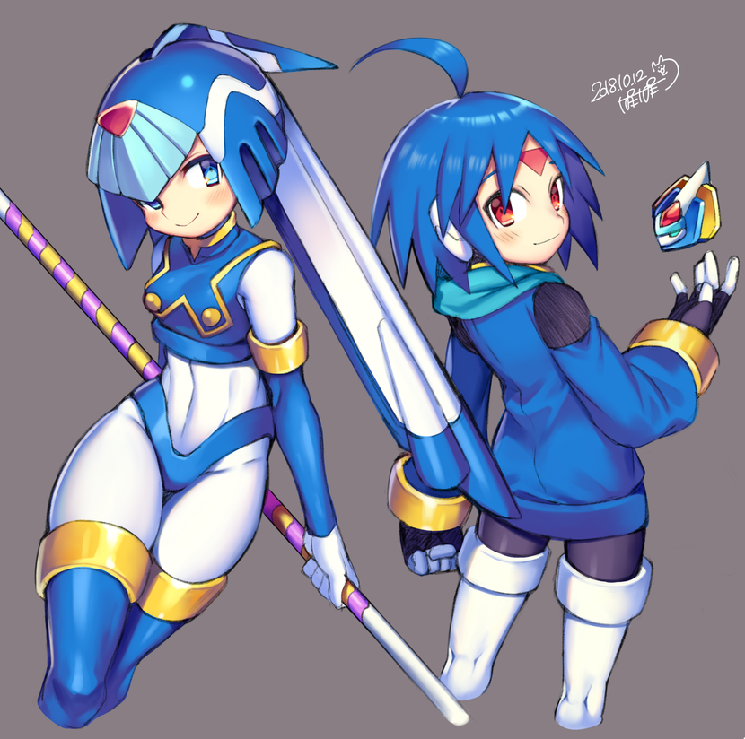 1boy, 1girl, ahoge, artist_name, black_legwear, blue_eyes, blue_footwear, blue_hair, blush, bodysuit, boots, breasts, closed_mouth, dated, iroyopon, leviathan_(rockman), long_hair, looking_at_viewer, medium_breasts, pantyhose, red_eyes, rockman, rockman_zero, rockman_zx, rockman_zx_advent, short_hair, signature, smile, thetis, thigh-highs, thigh_boots