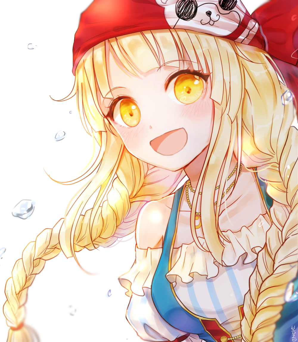 1girl, :d, artist_name, bang_dream!, bangs, blonde_hair, blush, braid