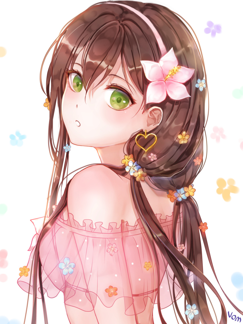 1girl, artist_name, bang_dream!, bikini, blue_flower, brown_hair, earrings, ferrel_(rocher_71)
