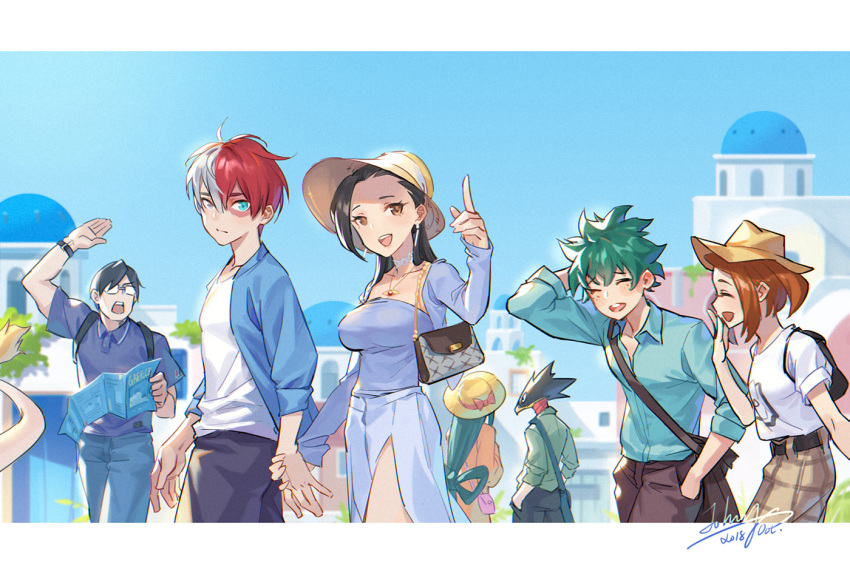 3girls, 5boys, :d, asui_tsuyu, backpack, bag, bird, black_hair, blue_eyes, blue_sky, boku_no_hero_academia, breasts, brown_eyes, brown_hair, building, burn_scar, closed_eyes, dated, earrings, glasses, green_hair, hand_holding, handbag, hat, heterochromia, iida_tenya, jewelry, johnny_koala, large_breasts, letterboxed, long_hair, looking_at_viewer, messy_hair, midoriya_izuku, multicolored_hair, multiple_boys, multiple_girls, necklace, ojiro_mashirao, open_mouth, redhead, scar, short_hair, side_slit, signature, skirt, sky, smile, sun_hat, tail, tied_hair, todoroki_shouto, tokoyami_fumikage, two-tone_hair, uraraka_ochako, white_hair, yaoyorozu_momo