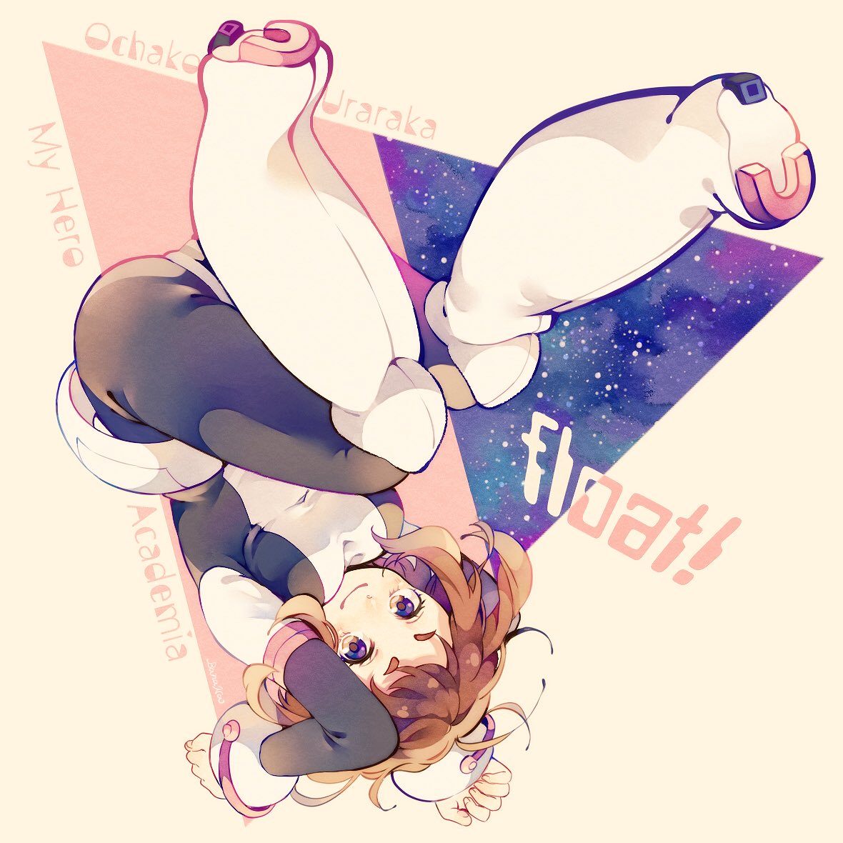!, 1girl, blush, bodysuit, boku_no_hero_academia, boots, breasts, brown_eyes, brown_hair, character_name, commentary_request, copyright_name, edward-el, english_text, eyebrows, floating, knee_boots, looking_at_viewer, medium_breasts, night, short_eyebrows, short_hair, sky, smile, solo, star_(sky), starry_sky, upside-down, uraraka_ochako