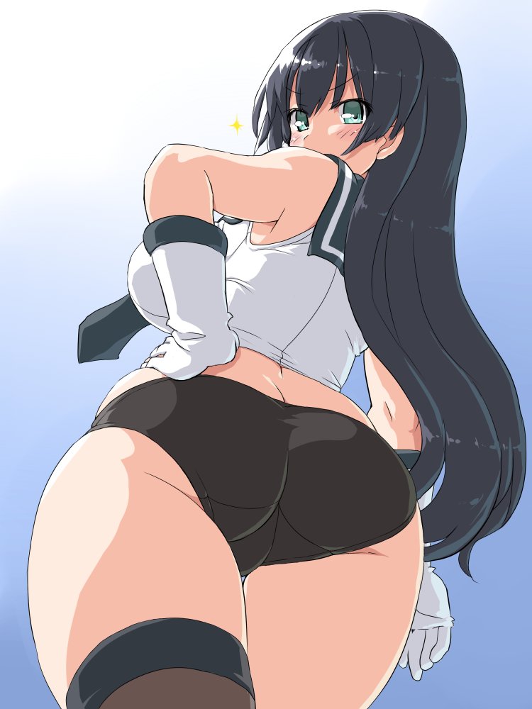 1girl, agano_(kantai_collection), ass, asymmetrical_legwear, black_hair, blush, breasts, cowboy_shot