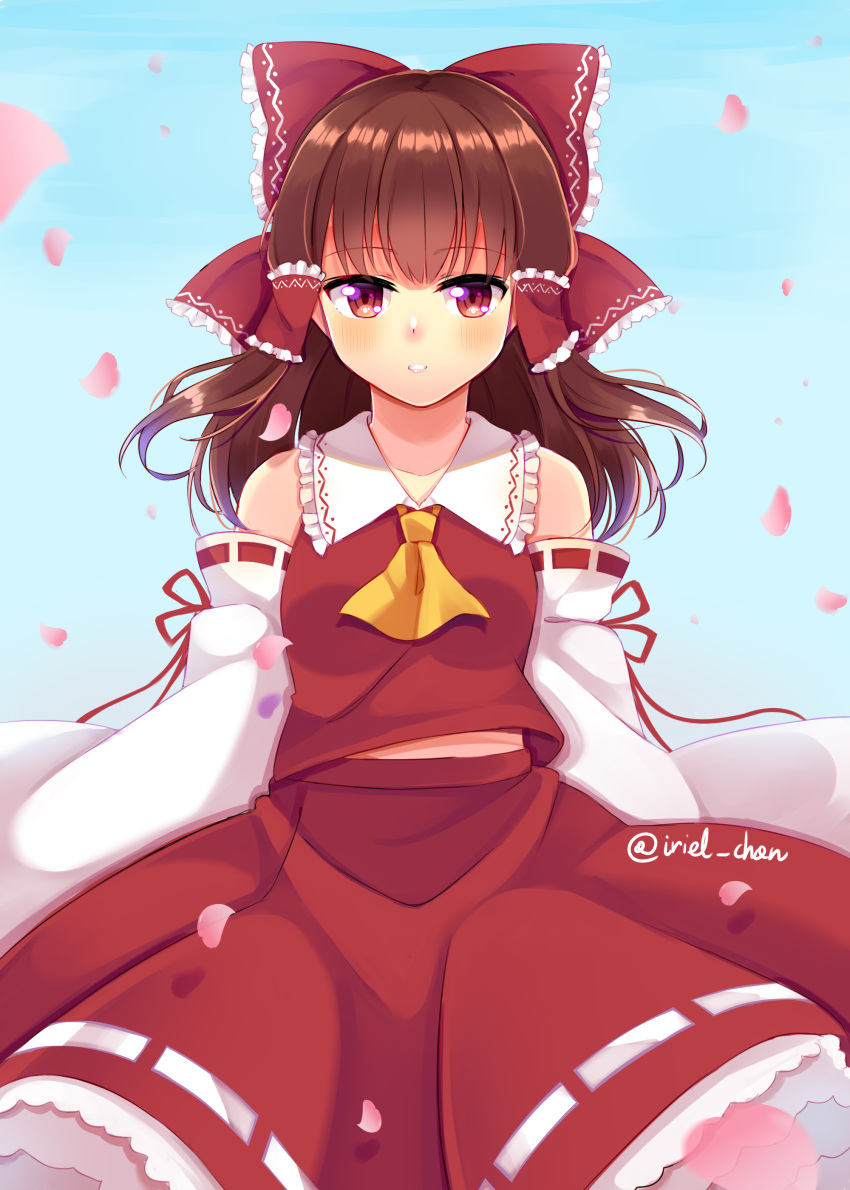 1girl, absurdres, flower, hair_tubes, hakurei_reimu, highres, iriel, japanese_clothes, miko, open_mouth, petals, pink_flower, red_eyes, solo, touhou