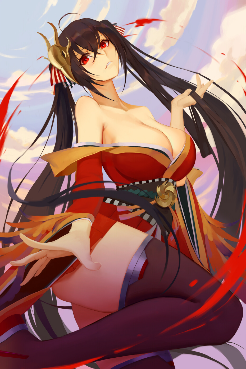1girl, ahoge, azur_lane, bangs, bare_shoulders, black_hair, breasts, cleavage