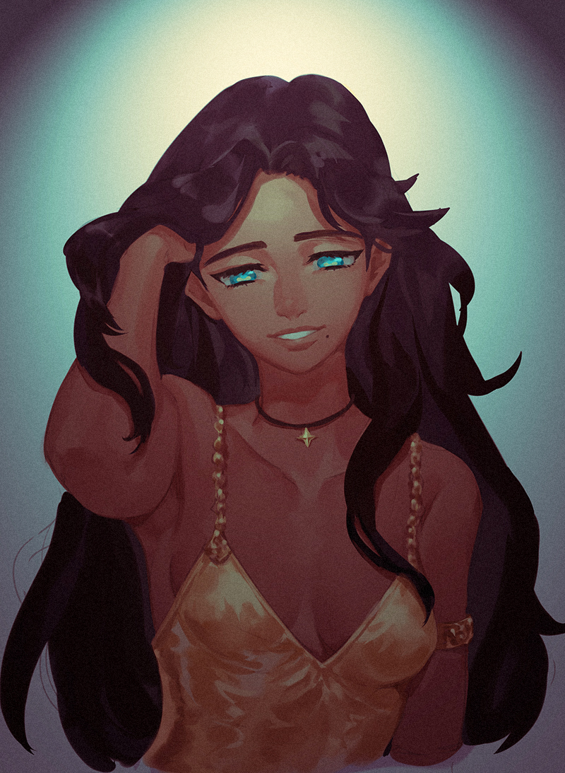 1girl, adjusting_hair, alternate_costume, aqua_background, aqua_eyes, arm, arm_at_side, armlet, bangs, bare_arms, bare_shoulders, breasts, brown_hair, collarbone, dark_skin, dress, female, hair_flaps, half-closed_eyes, hand_in_hair, hand_up, head_tilt, highres, humanization, iida_(splatoon), jewelry, lips, long_hair, looking_at_viewer, medium_breasts, mole, mole_under_mouth, neck, necklace, nintendo, parted_bangs, parted_lips, personification, sidelocks, smile, solo, soramame_(corndog), splatoon, splatoon_2, star, star_necklace, upper_body, very_long_hair, yellow_dress