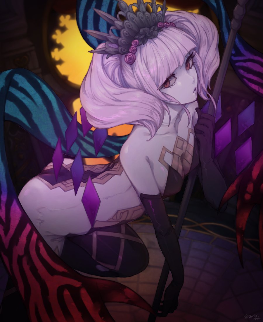 1girl, bangs, bare_shoulders, black_legwear, breasts, chikuihaku, crown, elbow_gloves, final_fantasy, final_fantasy_xiv, flower, gloves, headpiece, holding, holding_weapon, kneeling, looking_at_viewer, medium_breasts, medium_hair, pink_hair, red_eyes, rose, scathach_(ffxiv), signature, solo, thigh-highs, twintails, weapon