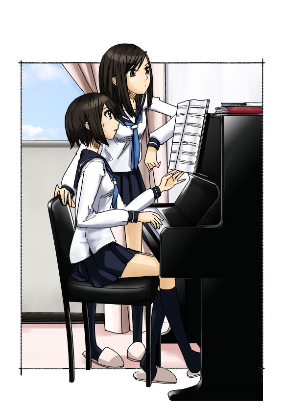 brown_hair, instrument, long_hair, necktie, piano, sakebuotoko, school_uniform, sheet_music
