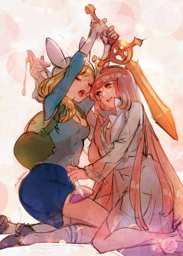adventure_time, animal_ears, backpack, bag, blonde_hair, closed_eyes, erlenmeyer_flask, fionna_the_human_girl, glasses, labcoat, long_hair, miniskirt, oollnoxlloo, open_mouth, pink_eyes, pink_hair, princess_bonnibel_bubblegum, rabbit_ears, skirt, socks, sword, test_tube, tiara, weapon
