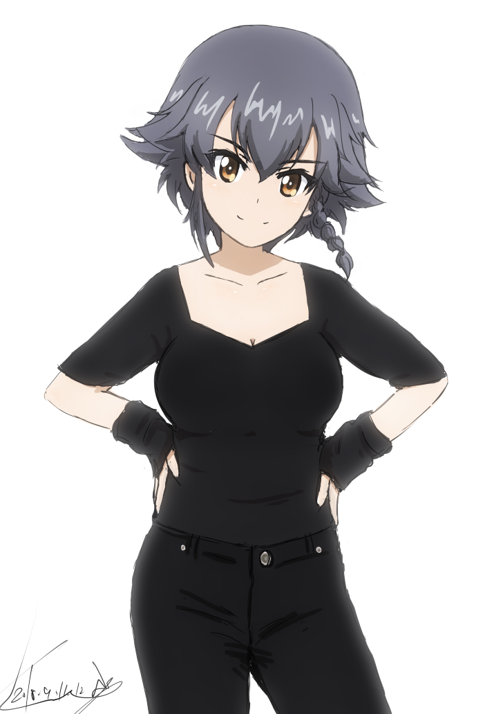 1girl, artist_name, bangs, black_jeans, black_pants, black_shirt, braid, breasts