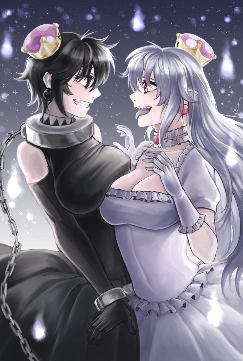 2girls, :d, asymmetrical_docking, black_dress, black_eyes, black_gloves, black_hair, breast_press