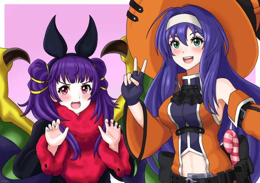 2girls, animal_ears, bat_ears, belt, black_gloves, blue_hair, blush, breasts