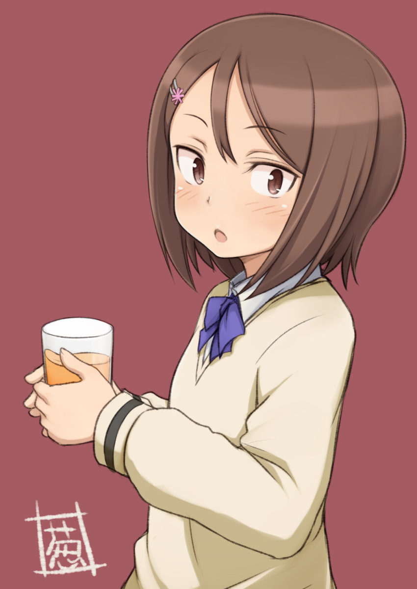 1girl, :o, blue_bow, blush, bow, brown_eyes, brown_hair, collared_shirt