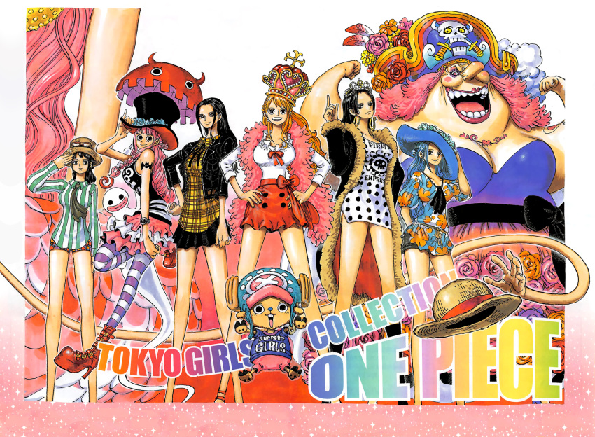 6+girls, :d, antlers, black_eyes, black_hair, black_hat, black_jacket, black_skirt, blue_hair, blue_hat, boa_hancock, boots, border, braid, charlotte_linlin, crown, dress, drill_hair, earrings, floral_print, flower, frilled_skirt, frills, frown, fur_coat, fur_trim, ghost, giantess, glasses, hand_on_headwear, hand_on_hip, hands_on_hips, hat, hat_feather, hat_flower, highres, jacket, jewelry, lipstick, long_hair, looking_at_viewer, makeup, male_hand, mermaid, miniskirt, monkey_d_luffy, monster_girl, multiple_girls, nami_(one_piece), nefertari_vivi, nico_robin, oda_eiichirou, official_art, one_piece, open_mouth, orange_hair, outside_border, perona, pink_eyes, pink_hair, pirate_hat, platform_footwear, platform_heels, pointing, pointing_up, polka_dot, red_skirt, reindeer, ribbon, salute, shirahoshi, short_dress, short_shorts, shorts, skirt, sleeveless, smile, straw_hat, striped, striped_legwear, tashigi, tattoo, teeth, tony_tony_chopper, top_hat, ugly, ugly_face, vertical_stripes, watch