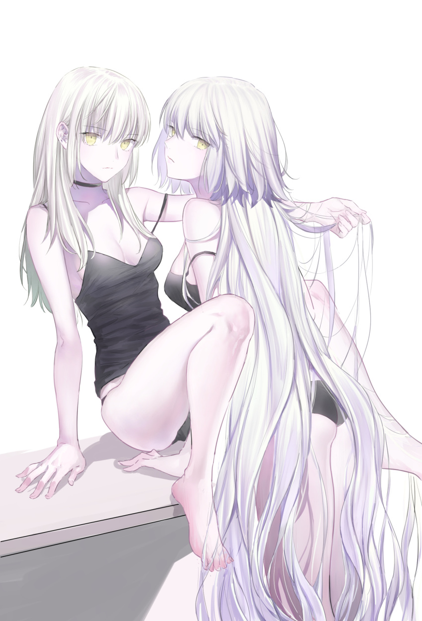 2girls, arm_support, artoria_pendragon_(all), ass, barefoot, black_choker, black_panties, black_tank_top
