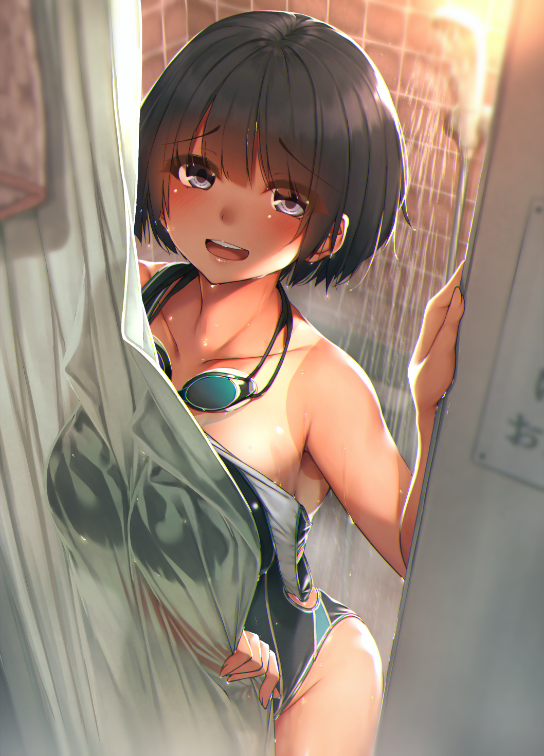 1girl, :d, bangs, black_hair, blue_eyes, blush, breasts, collarbone