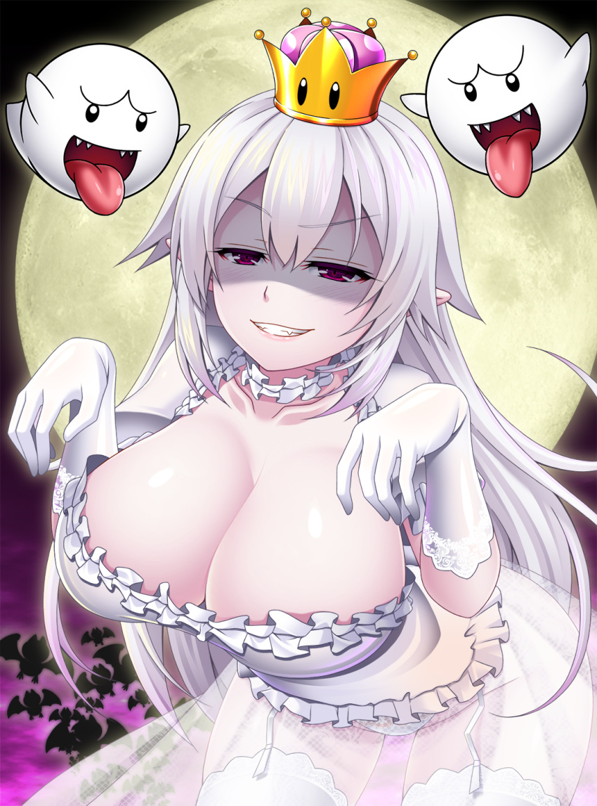 1girl, adapted_costume, bangs, bat, bent_over, blush, boo, breasts, choker, cleavage, clouds, cloudy_sky, cowboy_shot, detached_sleeves, dress, elbow_gloves, floral_print, frilled_choker, frilled_dress, frilled_sleeves, frills, full_moon, garter_straps, ghost_pose, gloves, grin, hair_between_eyes, half-closed_eyes, highres, huge_breasts, lace, lace-trimmed_gloves, lace-trimmed_panties, lace-trimmed_thighhighs, layered_clothing, long_hair, looking_at_viewer, luigi's_mansion, super_mario_bros., microdress, mirisha, moon, new_super_mario_bros._u_deluxe, night, night_sky, nintendo, panties, pink_lips, pointy_ears, princess_king_boo, puffy_short_sleeves, puffy_sleeves, purple_sky, raised_eyebrow, reflective_eyes, shaded_face, sharp_teeth, shiny, shiny_clothes, shiny_hair, shiny_skin, short_sleeves, sidelocks, silver_hair, skindentation, sky, smile, solo, super_crown, taut_clothes, taut_dress, teeth, thick_thighs, thigh-highs, thighs, tongue, tongue_out, transparent_skirt, underwear, very_long_hair, violet_eyes, white_choker, white_gloves, white_legwear, white_panties, white_sleeves, wide_hips