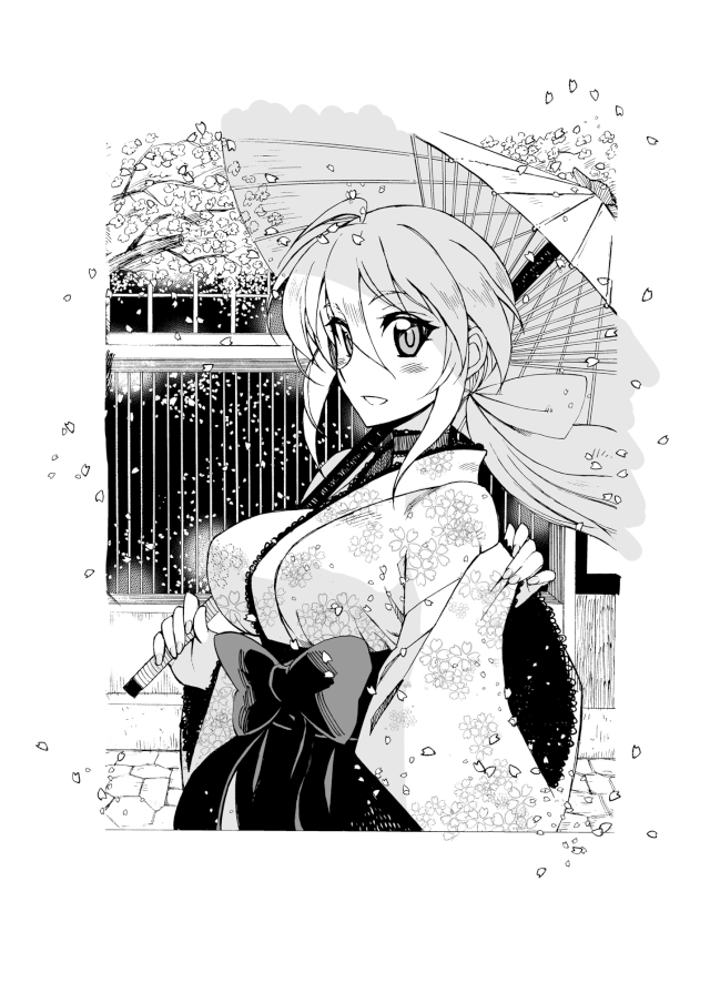1girl, ahoge, blush_stickers, breasts, cherry_blossoms, hair_ribbon, holding, holding_umbrella