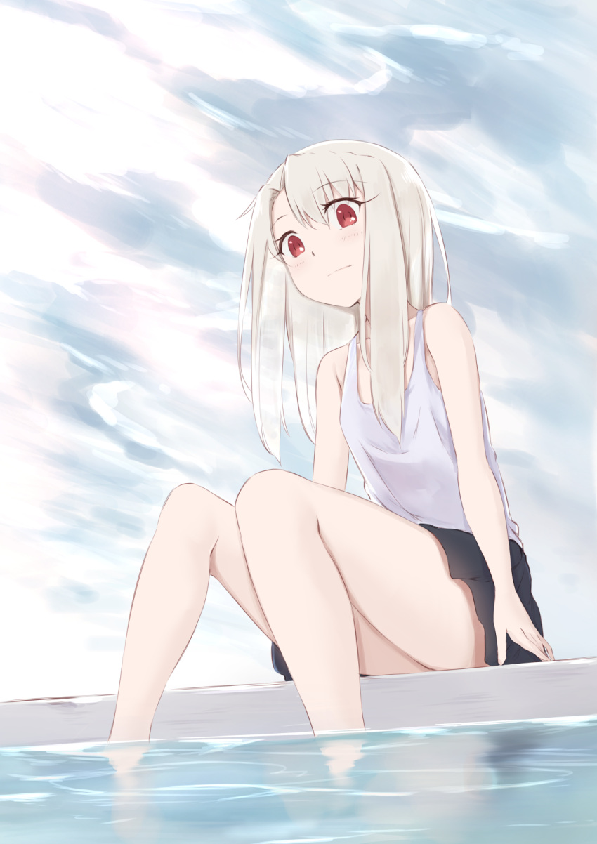 1girl, bangs, bare_arms, bare_shoulders, black_skirt, clouds, cloudy_sky, day