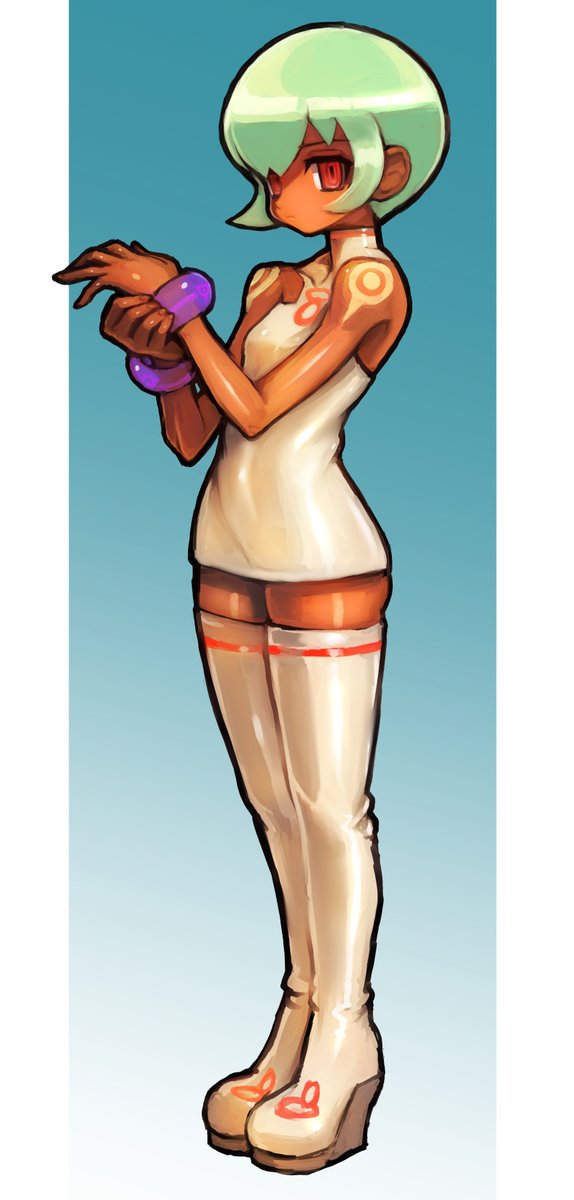 1girl, bare_arms, bare_shoulders, boots, bracelet, breasts, capcom, dakusuta, dark_skin, full_body, gradient, gradient_background, green_hair, highres, jewelry, red_eyes, rockman, rockman_dash, sera_(rockman_dash), short_hair, sidelocks, small_breasts, solo, standing, thigh-highs, thigh_boots, white_footwear, white_legwear, zettai_ryouiki