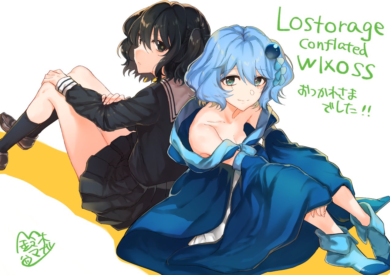 2girls, back-to-back, black_eyes, black_hair, black_serafuku, blue_eyes, blue_hair, dress