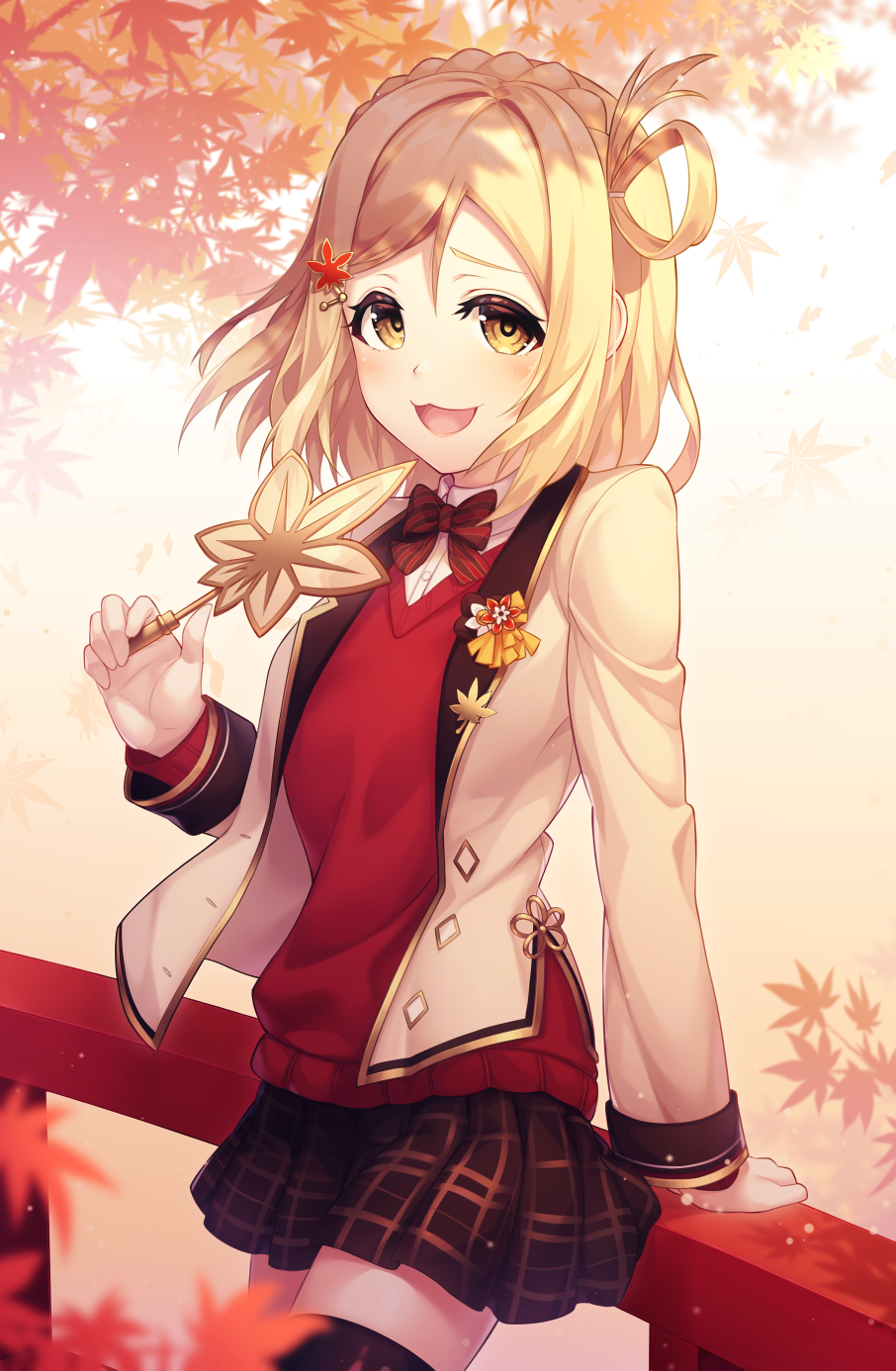 1girl, :3, :d, autumn, autumn_leaves, badge, black_skirt, blonde_hair