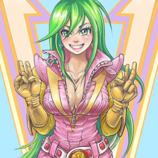 belt, blush, bodysuit, breasts, cleavage, combatler_v, combattler_v, earrings