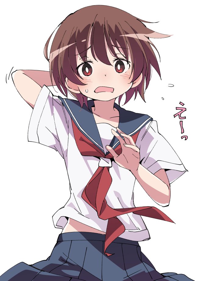 1girl, blue_skirt, brown_hair, ixy, kiyosumi_school_uniform, miyanaga_saki, neckerchief, red_eyes