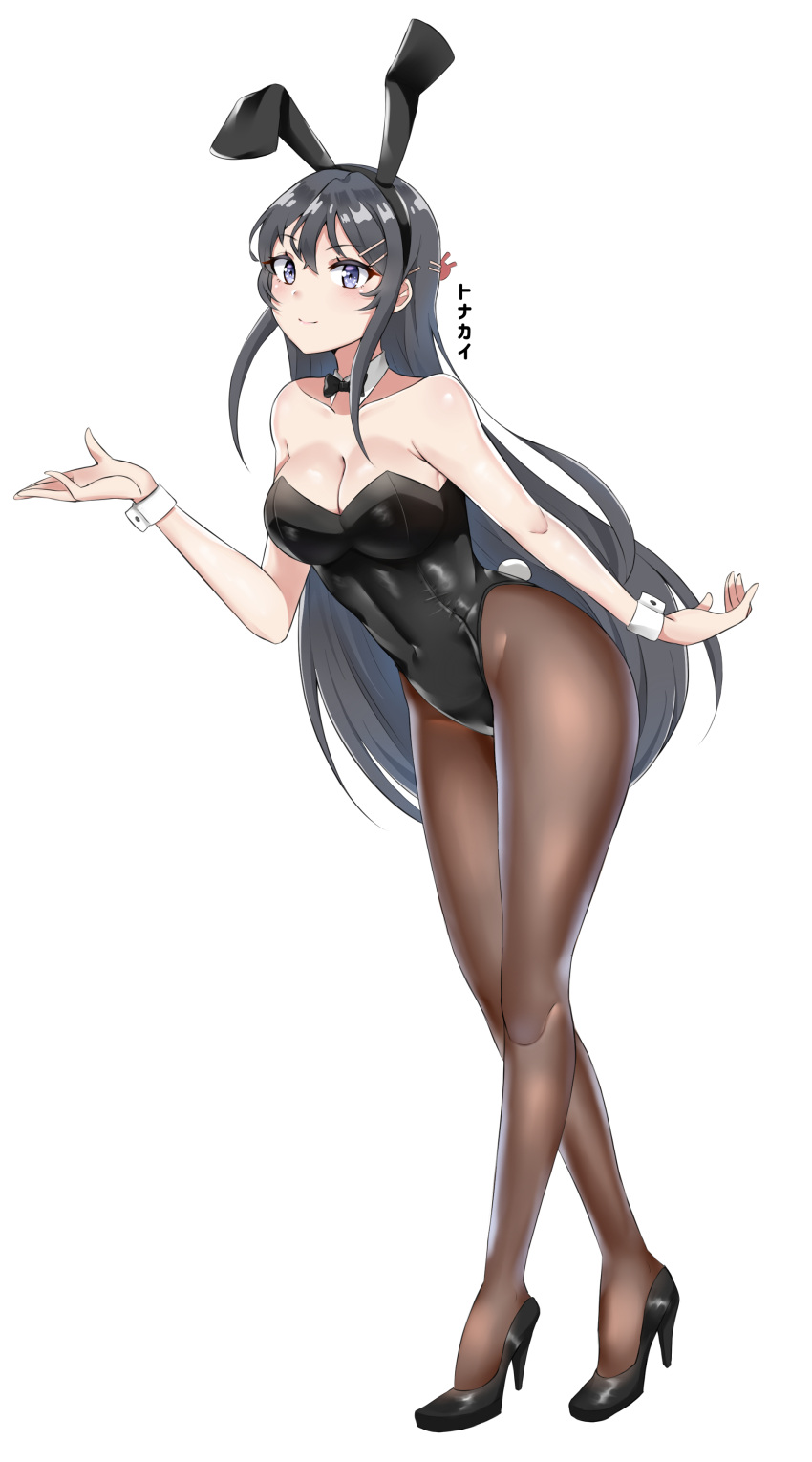 1girl, absurdres, animal_ears, artist_name, bare_shoulders, black_footwear, black_hair, black_leotard, black_neckwear, breasts, brown_legwear, bunny_tail, bunnysuit, cleavage, detached_collar, full_body, hair_ornament, hairclip, high_heels, highres, large_breasts, leaning_forward, leotard, long_hair, looking_at_viewer, pantyhose, rabbit_ears, sakurajima_mai, seishun_buta_yarou, simple_background, smile, solo, standing, strapless, strapless_leotard, tail, tonakai_takagi, violet_eyes, white_background, wrist_cuffs