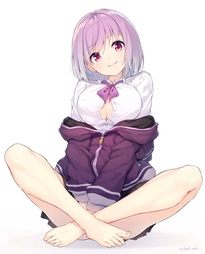 1girl, barefoot, breasts, cleavage, feet, large_breasts, lavender_hair, looking_at_viewer