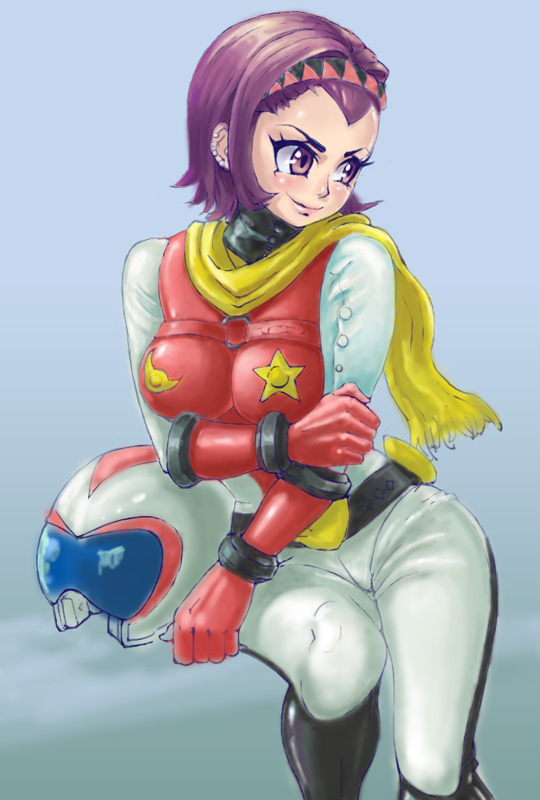 belt, bodysuit, earrings, getter_robo, gloves, hairband, headband, helmet, jewelry, oldschool, pilot_suit, pipipi, purple_eyes, purple_hair, saotome_michiru, scarf, short_hair, smile, violet_eyes