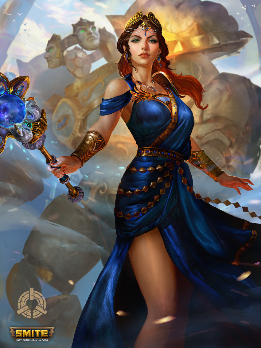 1girl, absurdres, alternate_costume, bird, bracelet, copyright_name, dress, earrings, goddess, golem, greek, green_eyes, hera_(smite), highres, jewelry, long_hair, mage, makeup, nail_polish, necklace, official_art, ponytail, queen, redhead, sky, smite, solo, staff, tiara