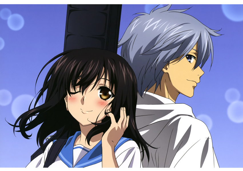1boy, 1girl, ;d, absurdres, akatsuki_kojou, black_hair, blue_eyes, blush
