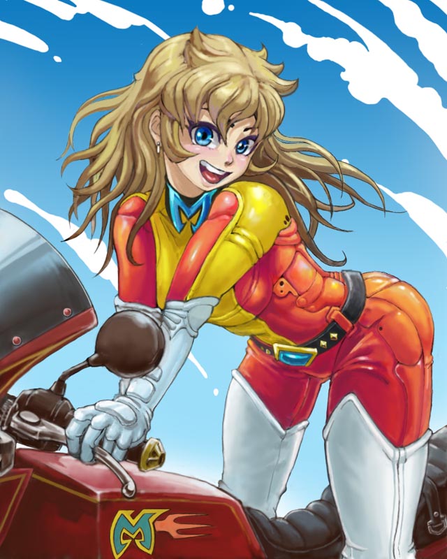 blonde_hair, blue_eyes, bodysuit, boots, gloves, grendizer, happy, maria_grace_fleed