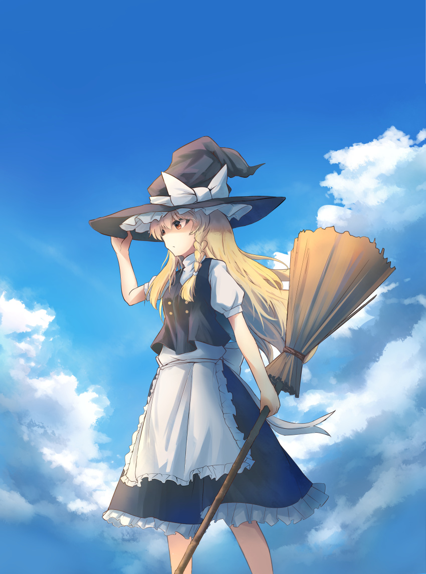 1girl, absurdres, apron, black_hat, black_skirt, blonde_hair, blue_sky, bow, braid, brown_eyes, clouds, day, fen_zuo, floating_hair, frilled_apron, frilled_skirt, frills, hand_on_headwear, hat, hat_bow, highres, holding, kirisame_marisa, long_hair, outdoors, shirt, short_sleeves, skirt, sky, solo, standing, touhou, very_long_hair, waist_apron, white_apron, white_bow, white_shirt, witch_hat
