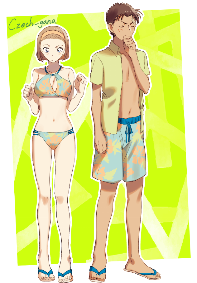 1boy, 1girl, artist_name, bikini, blush, breasts, brown_hair, cleavage