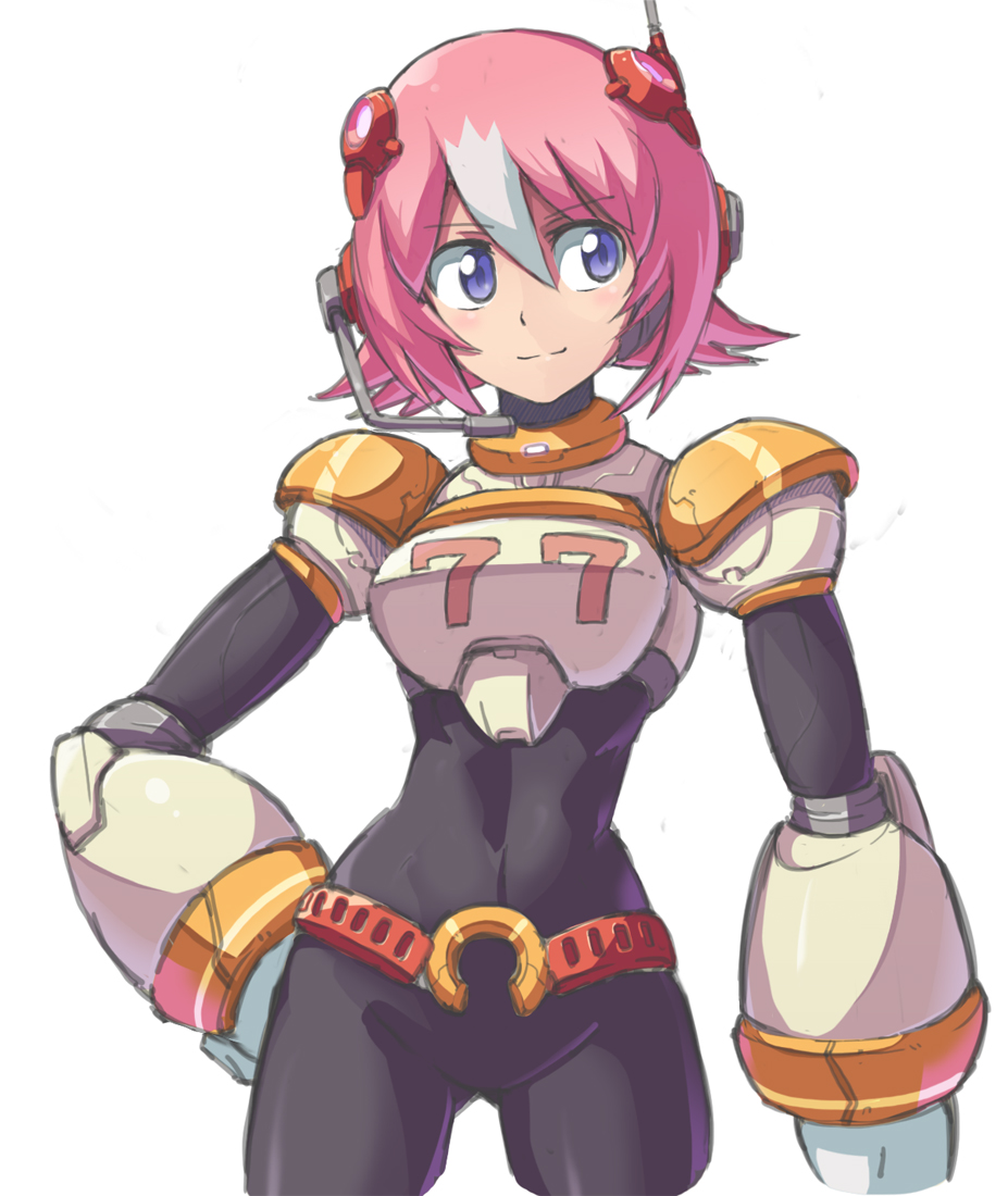 1girl, android, belt, blue_eyes, bodysuit, breasts, capcom, cowboy_shot