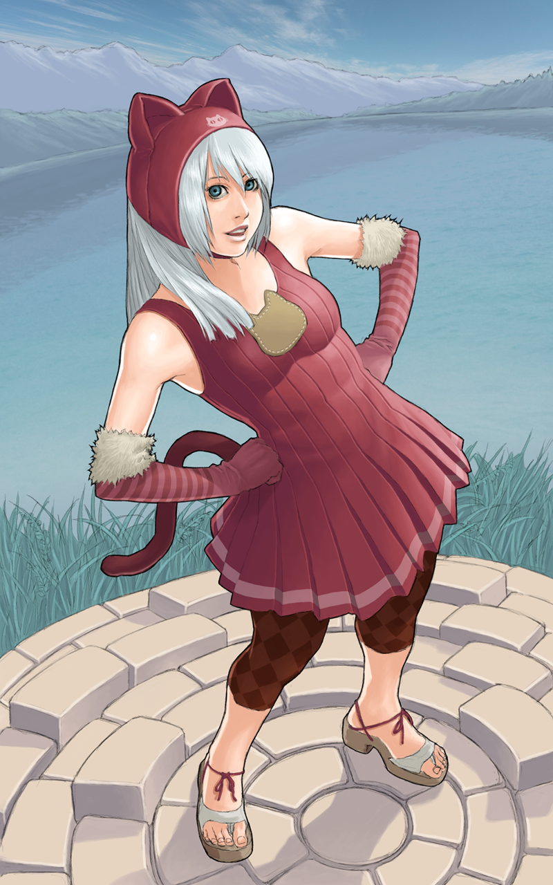 bad_id, dress, elbow_gloves, flat_chest, gloves, green_eyes, hands_on_hips, hat, highres, lake, long_hair, mountain, sakai_toshihiro, sandals, silver_hair, tail