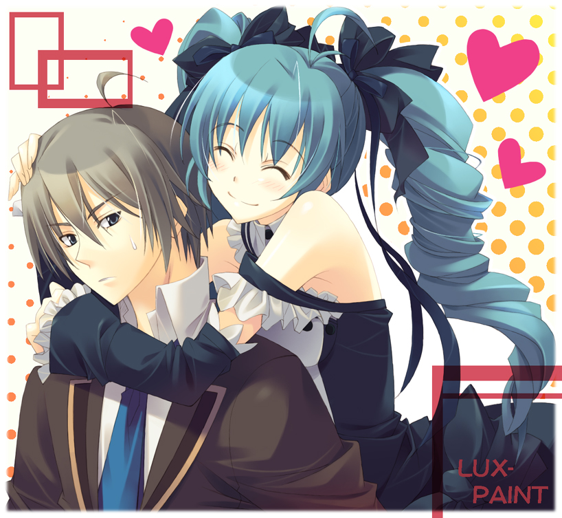 1girl, ahoge, bad_id, blue_hair, blush, closed_eyes, couple, detached_sleeves