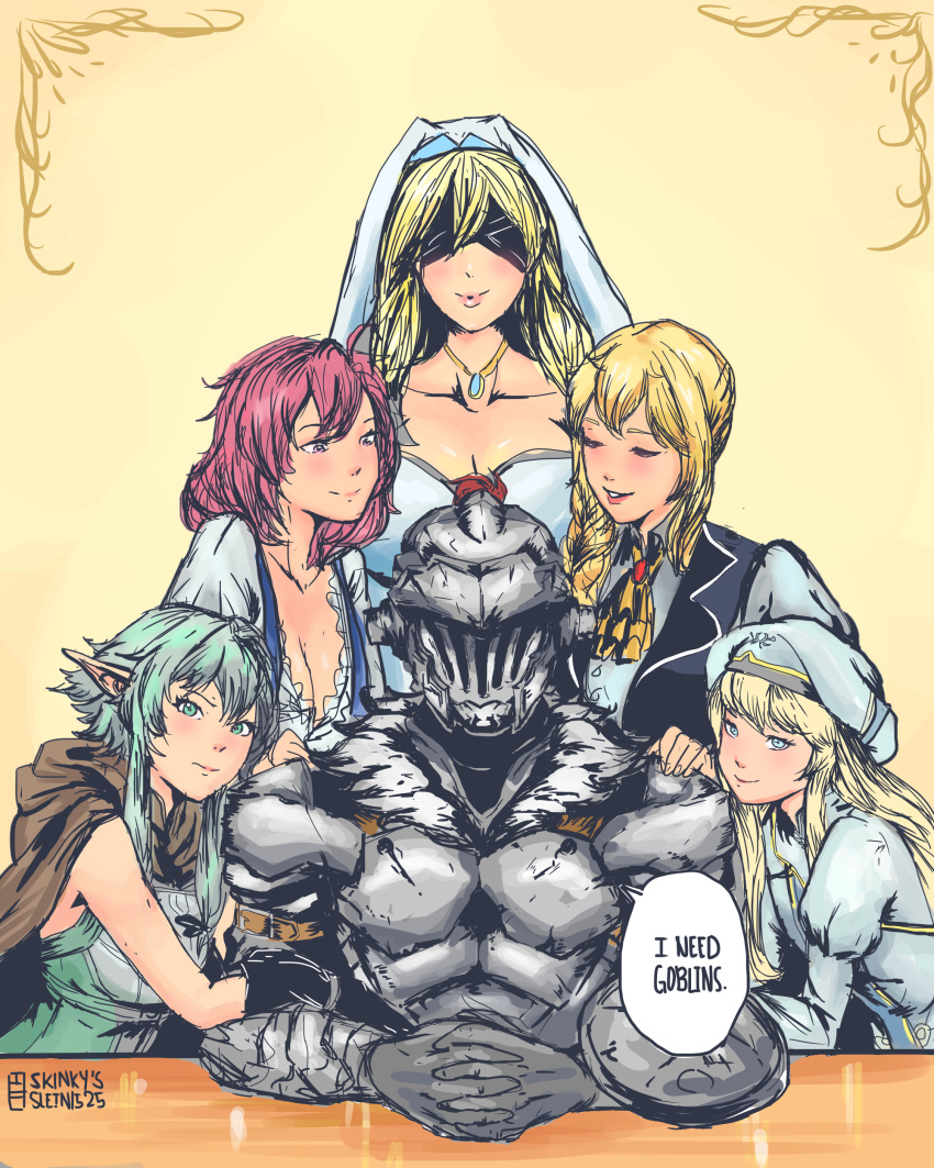 1boy, 5girls, absurdres, armor, artist_name, black_gloves, blindfold, blonde_hair