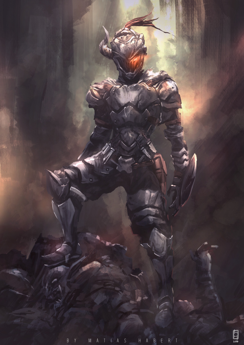 1boy, absurdres, armor, breastplate, buckler, commentary, completion_time, corpse, english_commentary, faulds, full_armor, full_body, glowing, glowing_eye, goblin, goblin_slayer, goblin_slayer!, greaves, helmet, highres, horn, horned_helmet, huge_filesize, male_focus, matias_habert, pauldrons, shield, solo