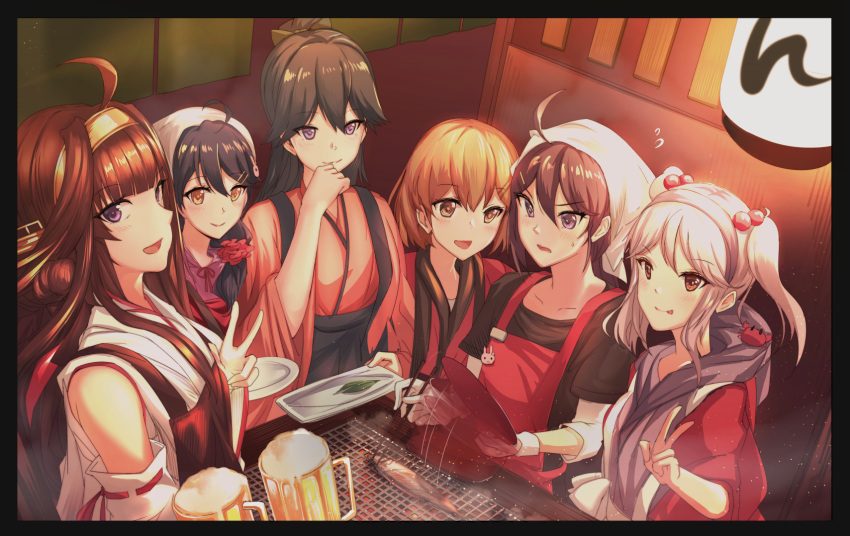 6+girls, :d, :q, afterimage, ahoge, akebono_(kantai_collection), alcohol, antiqq
