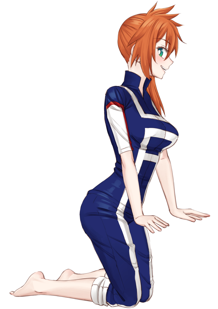 1girl, aqua_eyes, barefoot, blush, boku_no_hero_academia, breasts, commentary_request, easy_(aqk7bdqt), kendou_itsuka, kneeling, large_breasts, long_hair, looking_at_viewer, looking_to_the_side, orange_hair, side_ponytail, simple_background, smile, solo, track_suit, u.a._gym_uniform, white_background