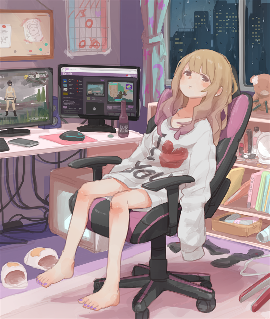 1girl, :|, bangs, barefoot, black_eyes, blonde_hair, blush, book