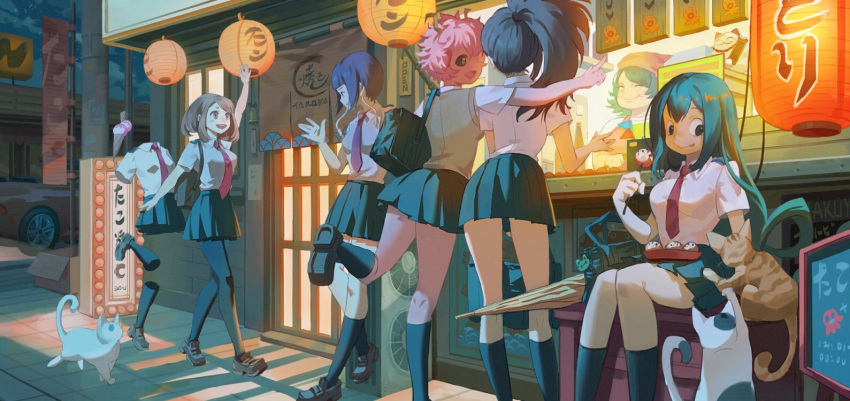 6+girls, :d, :p, arm_up, ashido_mina, asui_tsuyu, bag, bandanna