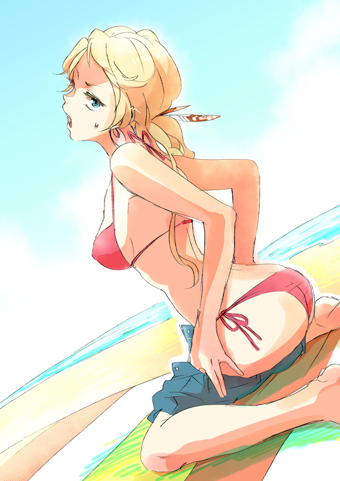 1girl, beach, blonde_hair, blue_eyes, breasts, chimaki_(impressiveanarchy), commentary_request, earrings