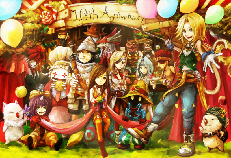 adelbert_steiner, baku_(ff9), beatrix, black_hair, blank, blonde_hair, blue_eyes, bodysuit, breasts, brown_eyes, brown_hair, choker, cinna, commentary_request, dress, eiko_carol, everyone, final_fantasy, final_fantasy_ix, freija_crescent, garnet_til_alexandros_xvii, gloves, long_hair, meche, multiple_boys, multiple_girls, orange_bodysuit, quina_quen, ruby_(ff9), salamander_coral, short_hair, smile, tail, vivi_ornitier, zidane_tribal