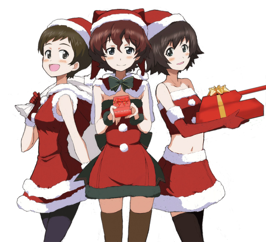 3girls, :d, akaboshi_koume, bangs, black_legwear, blue_eyes, bow, bowtie