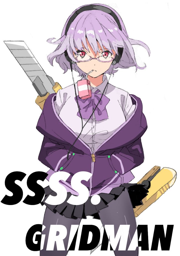 1girl, boxcutter, breasts, collared_shirt, glasses, hands_in_pockets, headphones, jacket, juice_box, large_breasts, lavender_hair, looking_at_viewer, off_shoulder, pantyhose, pleated_skirt, purple_jacket, shinjou_akane, shirt, short_hair, skirt, spnngr, ssss.gridman, white_shirt