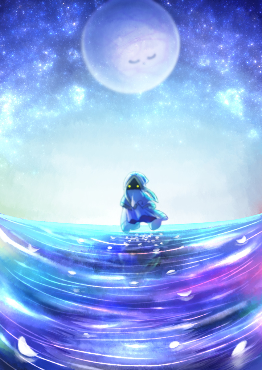 1boy, 1other, absurdres, closed_eyes, commentary_request, darkkeroro, floating, gradient, gradient_background, hidden_face, highres, hyness, kirby:_star_allies, kirby_(series), long_sleeves, nintendo, no_humans, orb, petals, ripples, robe, sky, solo, space, star_(sky), starry_sky, void_soul, yellow_eyes